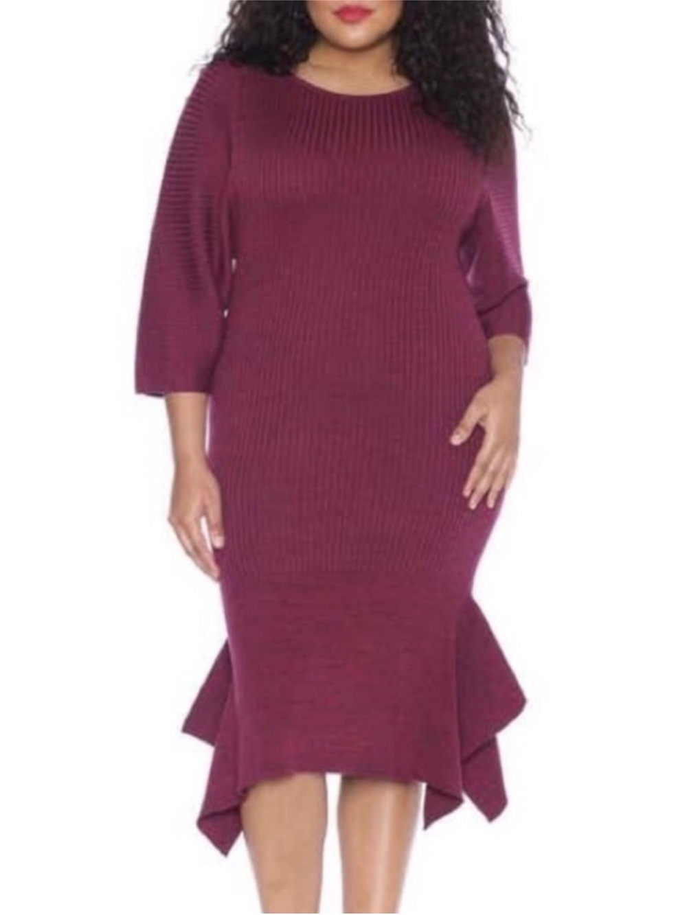 Slink Jeans Burgundy Ribbed Knit Midi Sweater Dress with Flounce Hem Sz Large